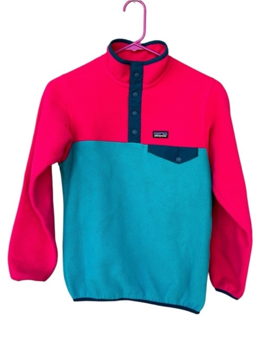 Patagonia Girls Snap Synchilla Pullover Fleece - Size Large - Pink Blue